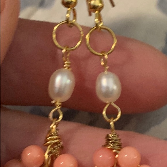 Handmade Coral and Pearl Flower Earrings - Picture 6 of 7